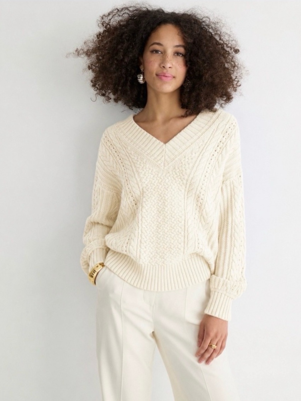 NWT J Crew Ivory Cable-Knit V-Neck Sweater - Women